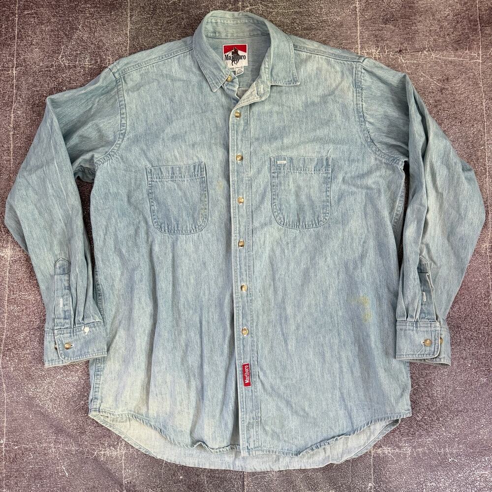 Men's Vintage 90's Marlboro Cigarettes USA Denim Chambray Button Up Shirt Sz L